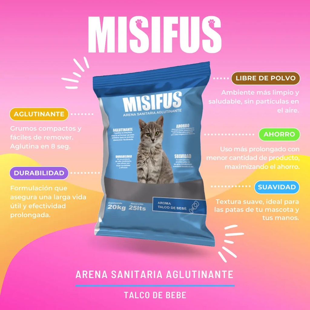 Arena Sanitaria Aglutinante Misifus 20kg Talco De Bebé