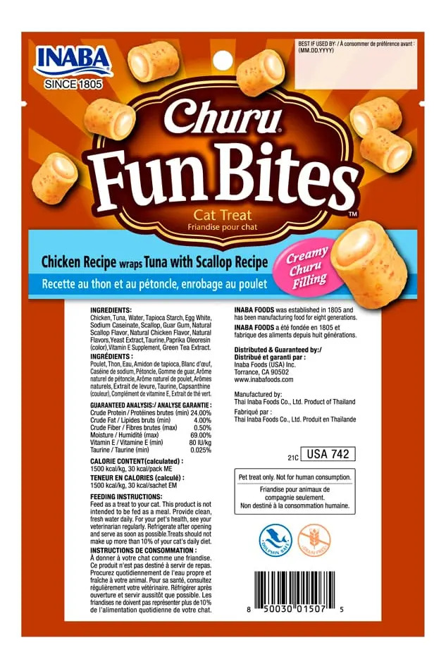 Snack Gatos Inaba Churu Fun Bites Atún Con Ostiones 36gr