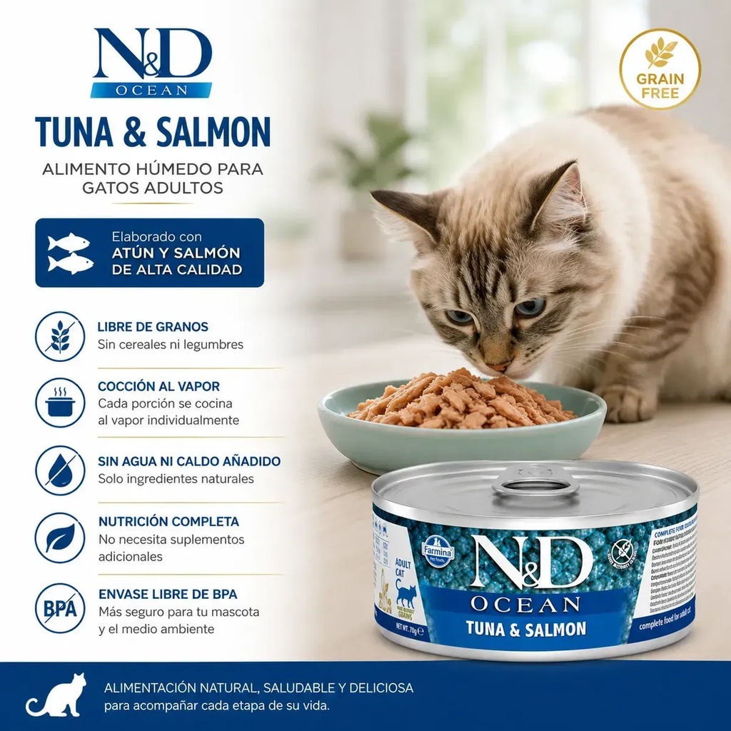 N&d Ocean Lata Para Gato Atún Y Salmón 70 Grs