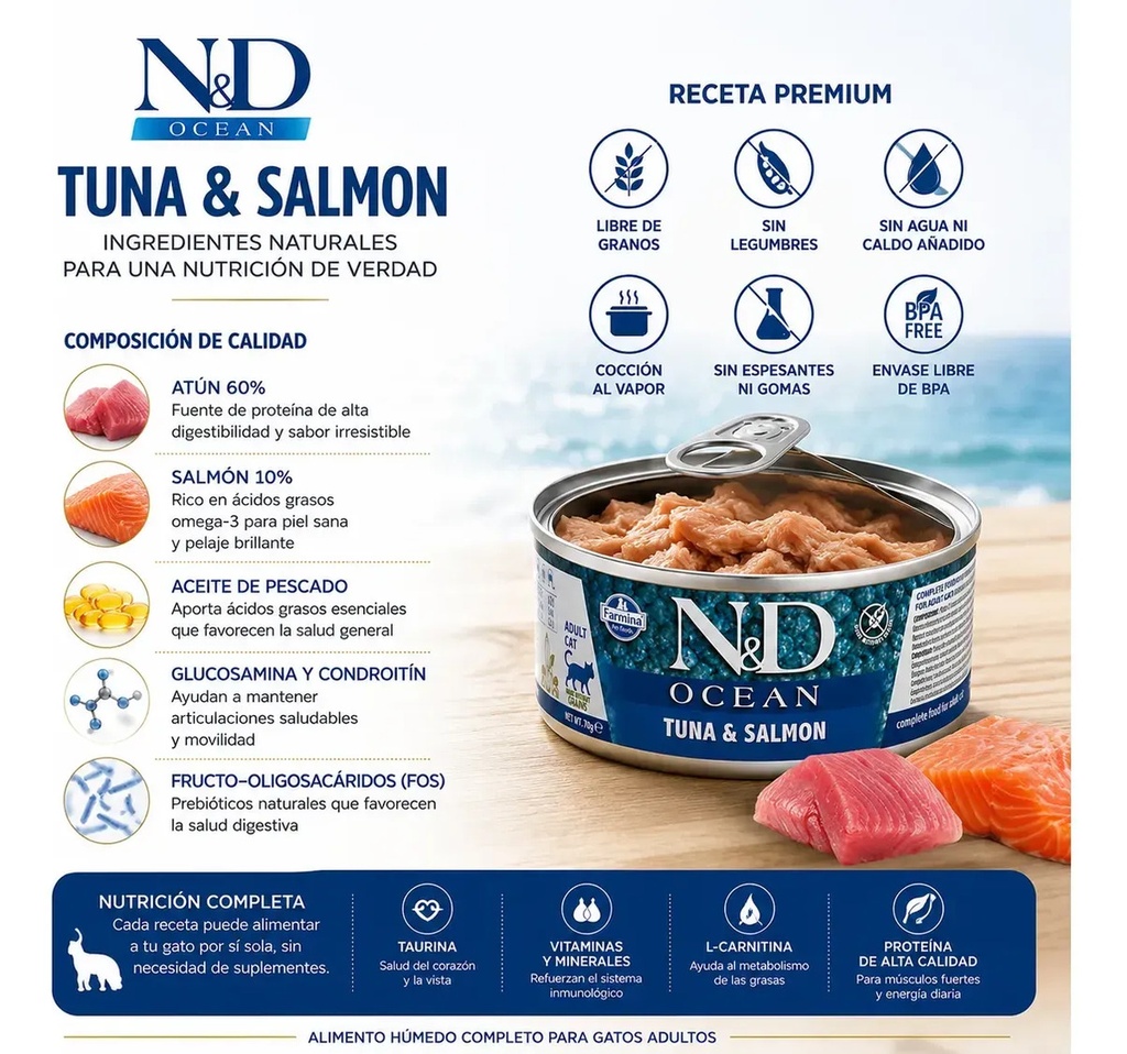 N&d Ocean Lata Para Gato Atún Y Salmón 70 Grs