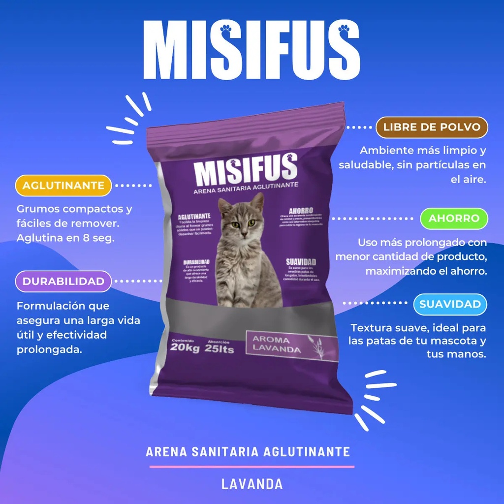 Arena Sanitaria Aglutinante Misifus 20kg Lavanda