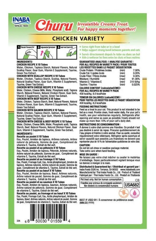 Inaba Churu Snack Gato Mix Sabor Pollo, 60 Tubitos