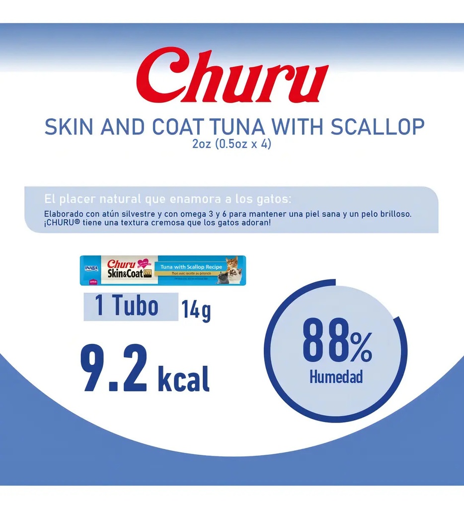 Snack Para Gatos Inaba Churu Skin Coat Atún Y Ostiones 56gr