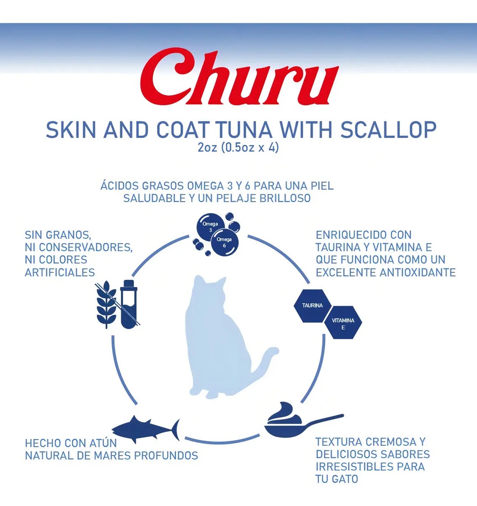 Snack Para Gatos Inaba Churu Skin Coat Atún Y Ostiones 56gr