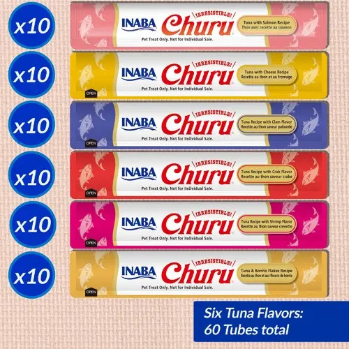 Inaba Churu Snack Gato Mix Tuna And Salmon, Tuna And Clam, Tuna And Cheese, Tuna And Crab, Tuna And Shrimp, And Tuna And Bonito Flakes, 60 Tubitos